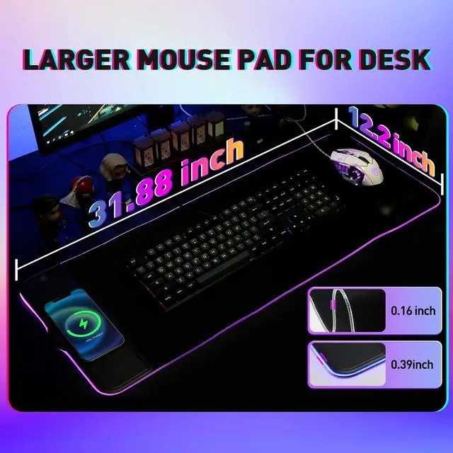 Alt view image 5 of 7 - Gaming Mouse Pad 15W Wireless Charging RGB,LED Large Ergonomic Mousepad Gaming with Wrist Support,31.88" 12.2" Desk mat/Keyboard pad (Colorful(18W Charger Included))