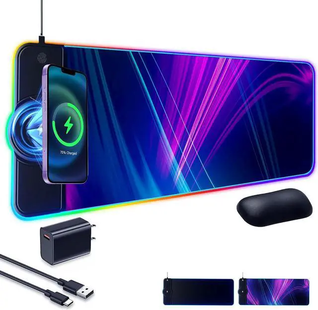 Main image of Gaming Mouse Pad 15W Wireless Charging RGB,LED Large Ergonomic Mousepad Gaming with Wrist Support,31.88" 12.2" Desk mat/Keyboard pad (Colorful(18W Charger Included))