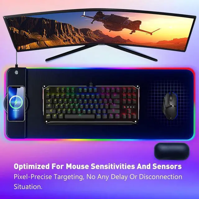 Alt view image 2 of 7 - Gaming Mouse Pad 15W Wireless Charging RGB,LED Large Ergonomic Mousepad Gaming with Wrist Support,31.88" 12.2" Desk mat/Keyboard pad (Colorful(18W Charger Included))