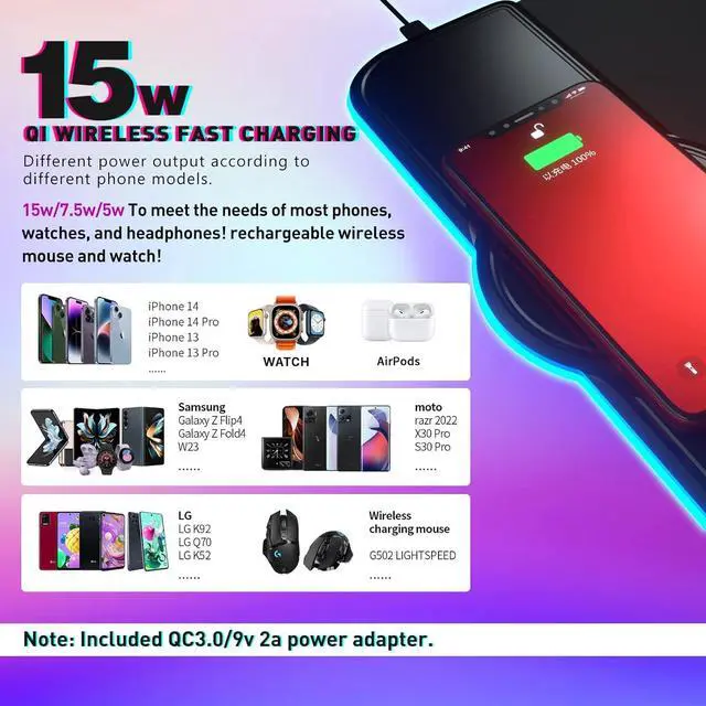 Alt view image 6 of 7 - Gaming Mouse Pad 15W Wireless Charging RGB,LED Large Ergonomic Mousepad Gaming with Wrist Support,31.88" 12.2" Desk mat/Keyboard pad (Colorful(18W Charger Included))