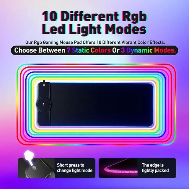 Alt view image 3 of 7 - Gaming Mouse Pad 15W Wireless Charging RGB,LED Large Ergonomic Mousepad Gaming with Wrist Support,31.88" 12.2" Desk mat/Keyboard pad (Colorful(18W Charger Included))