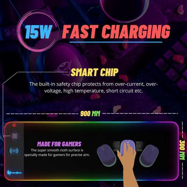Alt view image 4 of 7 - RGB Wireless Charging Mouse Pad 15W, XL 900x300x4MM Mouse Mat, RGB Mouse Pad with Wireless Charging, Keyboard Mat for Gaming