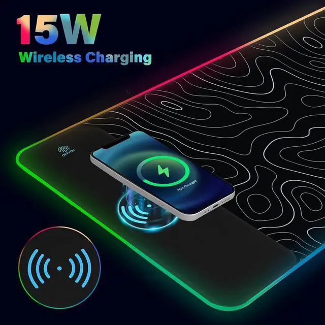 Alt view image 3 of 7 - MOSISO Wireless Charging RGB Gaming Mouse Pad 5/7.5/10/15W Auto Adjust, 12 Light Modes Extra Large Mousepad Non-Slip Base PC Laptop Computer Keyboard Desk Mat for Gaming Work, Topographic Map