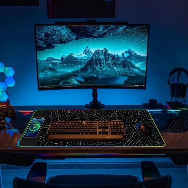 Alt view image 2 of 7 - MOSISO Wireless Charging RGB Gaming Mouse Pad 5/7.5/10/15W Auto Adjust, 12 Light Modes Extra Large Mousepad Non-Slip Base PC Laptop Computer Keyboard Desk Mat for Gaming Work, Topographic Map