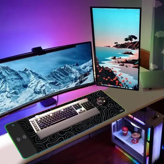 Alt view image 7 of 7 - MOSISO Wireless Charging RGB Gaming Mouse Pad 5/7.5/10/15W Auto Adjust, 12 Light Modes Extra Large Mousepad Non-Slip Base PC Laptop Computer Keyboard Desk Mat for Gaming Work, Topographic Map