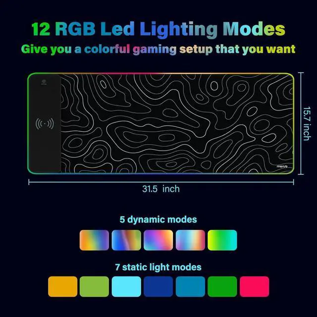 Alt view image 5 of 7 - MOSISO Wireless Charging RGB Gaming Mouse Pad 5/7.5/10/15W Auto Adjust, 12 Light Modes Extra Large Mousepad Non-Slip Base PC Laptop Computer Keyboard Desk Mat for Gaming Work, Topographic Map