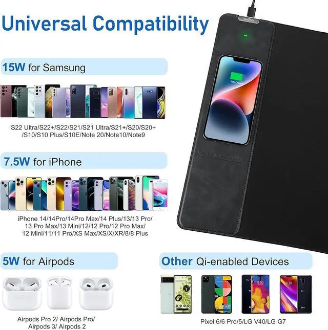 Alt view image 7 of 7 - Mouse Pad with Wireless Charger, Gaming Mouse Pad, 31.5"x15.7" Extra Large Mouse Pad XXL, Desk Pad, Wireless Charging Mouse Pad, Non-Slip Computer Keyboard Mouse Pad, Desk Mat for Gaming, Home, Office