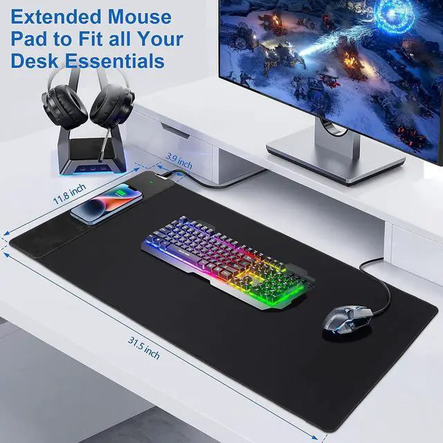 Alt view image 5 of 7 - Mouse Pad with Wireless Charger, Gaming Mouse Pad, 31.5"x15.7" Extra Large Mouse Pad XXL, Desk Pad, Wireless Charging Mouse Pad, Non-Slip Computer Keyboard Mouse Pad, Desk Mat for Gaming, Home, Office