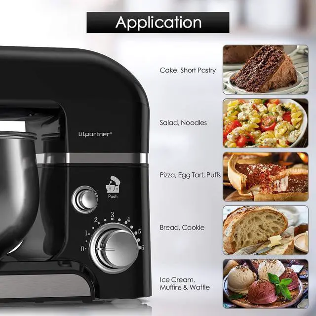 Alt view image 5 of 6 - Stand Mixer, Kitchen Mixer Electric Food Mixer, 6 Speeds with 304 Stainless Steel Bowl Tilt-Head Dough Mixer, Dough Hook, Whisk, Beater, Splash Guard & Scraper