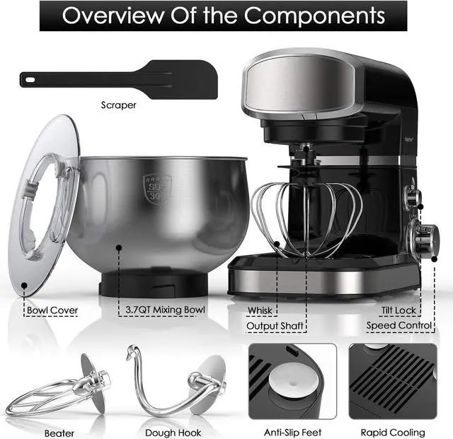 Alt view image 3 of 6 - Stand Mixer, Kitchen Mixer Electric Food Mixer, 6 Speeds with 304 Stainless Steel Bowl Tilt-Head Dough Mixer, Dough Hook, Whisk, Beater, Splash Guard & Scraper