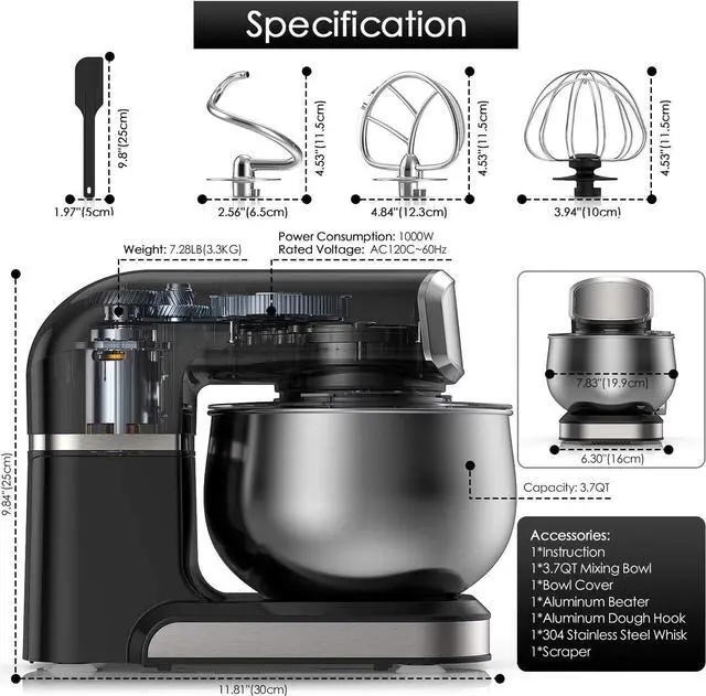 Alt view image 2 of 6 - Stand Mixer, Kitchen Mixer Electric Food Mixer, 6 Speeds with 304 Stainless Steel Bowl Tilt-Head Dough Mixer, Dough Hook, Whisk, Beater, Splash Guard & Scraper