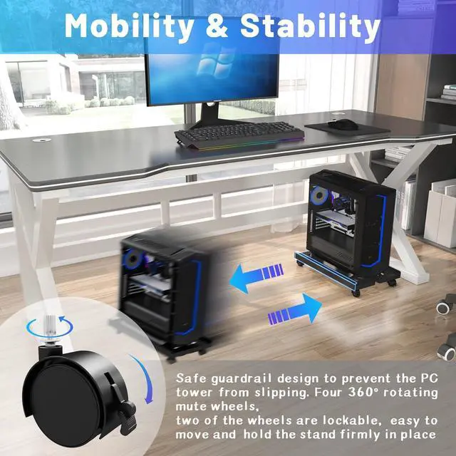 Alt view image 7 of 7 - Mobile CPU Stand, CPU Rolling Stand Adjustable Computer Mobile Cart Holder with Locking Caster Wheels PC Stand - Black