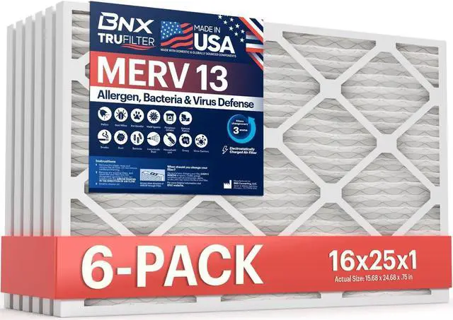 Main image of BNX TruFilter 16x25x1 Air Filter MERV 13 (6-Pack) - MADE IN USA - Electrostatic Pleated Air Conditioner HVAC AC Furnace Filters for Allergies, Pollen, Mold, Bacteria, Smoke, Allergen, MPR 1900 FPR 10