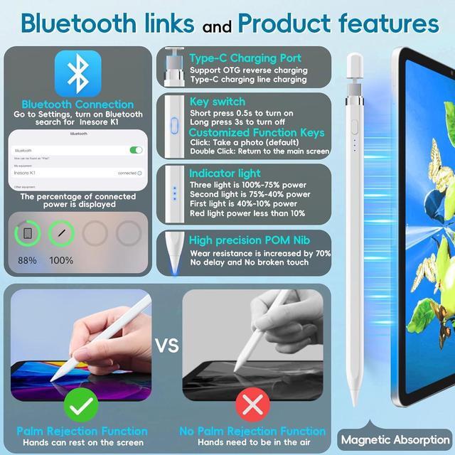 Alt view image 6 of 7 - for Apple Pencil 1st Generation, Stylus Pen for iPad, Apple Pen USB-C Port Support Reverse Charging.Magnetic,Tilt & Palm Rejection.Suitable for iPad 6-10,iPad Pro12.9&11",iPad Air3/4/5,iPad mini5/6
