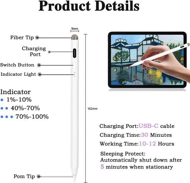 Alt view image 7 of 7 - Stylus Pen for iPad with Palm Rejection and Tilt Sensitivity,Fast Charging Magnetic Dual-Tip iPad Stylus Pencil Compatible with iPad Pro 11/12.9 inch,iPad 6/7/8/9/10,iPad Air 3/4/5,iPad Mini 5/6