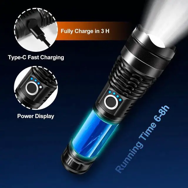 Alt view image 4 of 6 - Rechargeable Flashlights, High Lumen Super Bright 150000 Lumens, LED Flashlight with 5 Modes, IP55 Waterproof, Powerful Handheld Flashlight for Camping, Hiking, Emergency