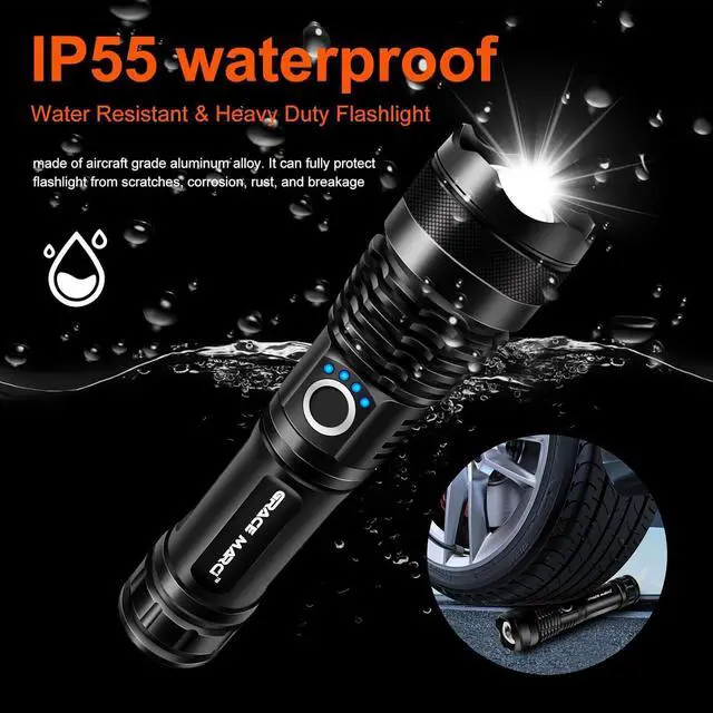 Alt view image 6 of 6 - Rechargeable Flashlights, High Lumen Super Bright 150000 Lumens, LED Flashlight with 5 Modes, IP55 Waterproof, Powerful Handheld Flashlight for Camping, Hiking, Emergency