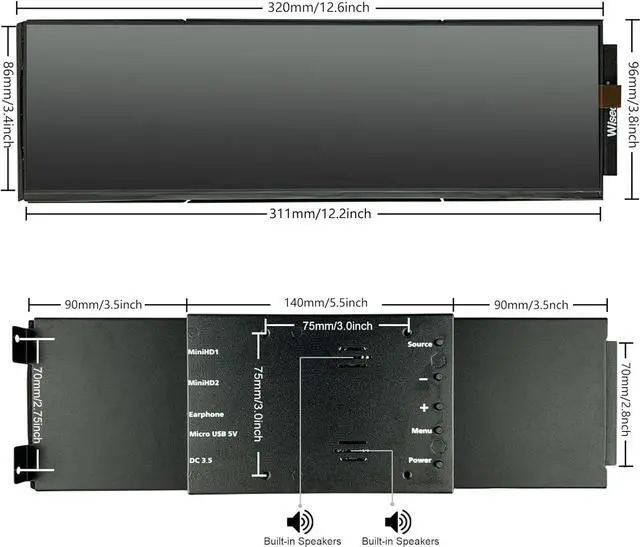 Alt view image 7 of 7 - 12.6 Inch Bar LCD Screen HDMI Display Monitor 1920x515 IPS DIY Kits Dual Built-in Speakers for Hyte Y60 Computer Gaming PC Case CPU GPU Secondary Monitor Easy Install Black