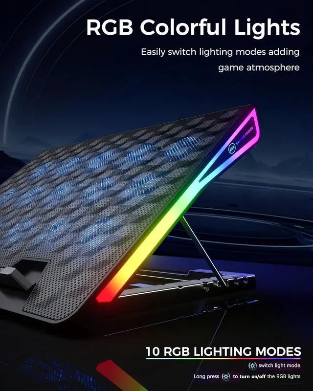 Alt view image 3 of 6 - Laptop Cooling Pad, Gaming Laptop Fan Cooling Pad with 15 Quiet Fans, RGB Laptop Cooler for 15.6-17.3 Inch, 4 Height Stands, 2 USB Ports - AA2