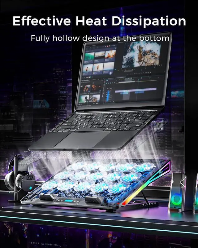 Alt view image 4 of 6 - Laptop Cooling Pad, Gaming Laptop Fan Cooling Pad with 15 Quiet Fans, RGB Laptop Cooler for 15.6-17.3 Inch, 4 Height Stands, 2 USB Ports - AA2