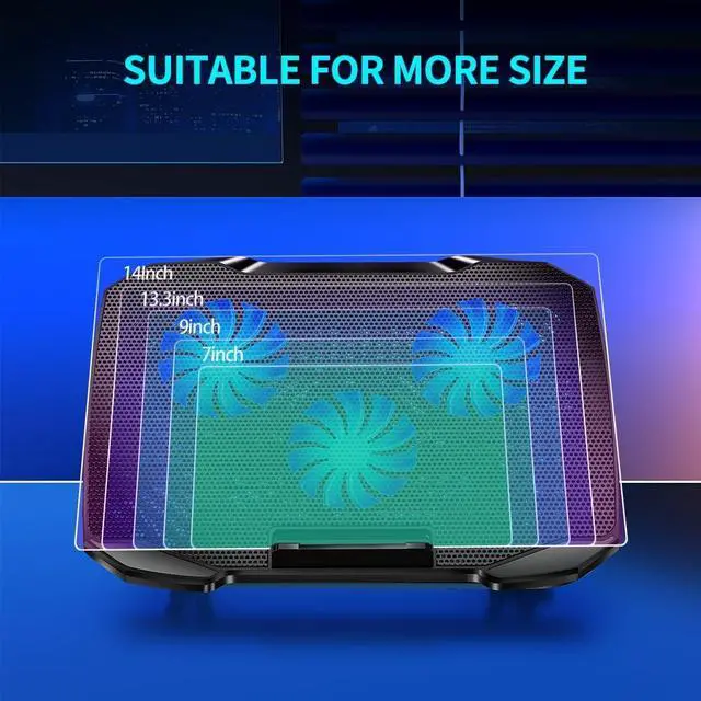 Alt view image 5 of 7 - LIANGSTAR Laptop Cooling Pad, Laptop Cooler Big 3 Fans for 10-15.6 Inch Laptop Cooling Stand, Gaming Cooling Pad with 5 Height Adjustable, 2 USB Ports & Phone Holder, Control Fan Speed