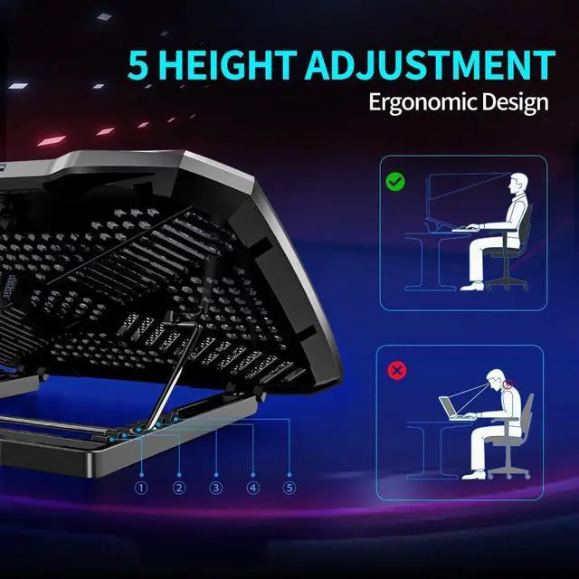 Alt view image 4 of 7 - LIANGSTAR Laptop Cooling Pad, Laptop Cooler Big 3 Fans for 10-15.6 Inch Laptop Cooling Stand, Gaming Cooling Pad with 5 Height Adjustable, 2 USB Ports & Phone Holder, Control Fan Speed