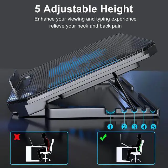 Alt view image 2 of 6 - Laptop Cooling Pad with Adjustable Height Two 5.1 Inches Fan 2 USB Ports Suitable for 12"-15.6" Laptops(Black)