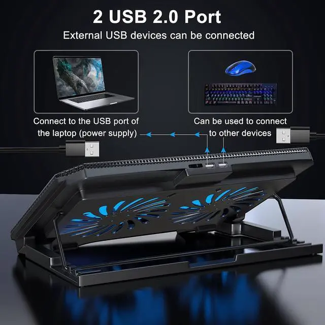 Alt view image 3 of 6 - Laptop Cooling Pad with Adjustable Height Two 5.1 Inches Fan 2 USB Ports Suitable for 12"-15.6" Laptops(Black)