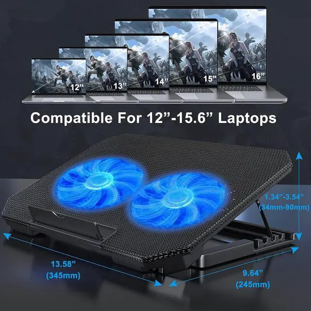 Alt view image 4 of 6 - Laptop Cooling Pad with Adjustable Height Two 5.1 Inches Fan 2 USB Ports Suitable for 12"-15.6" Laptops(Black)