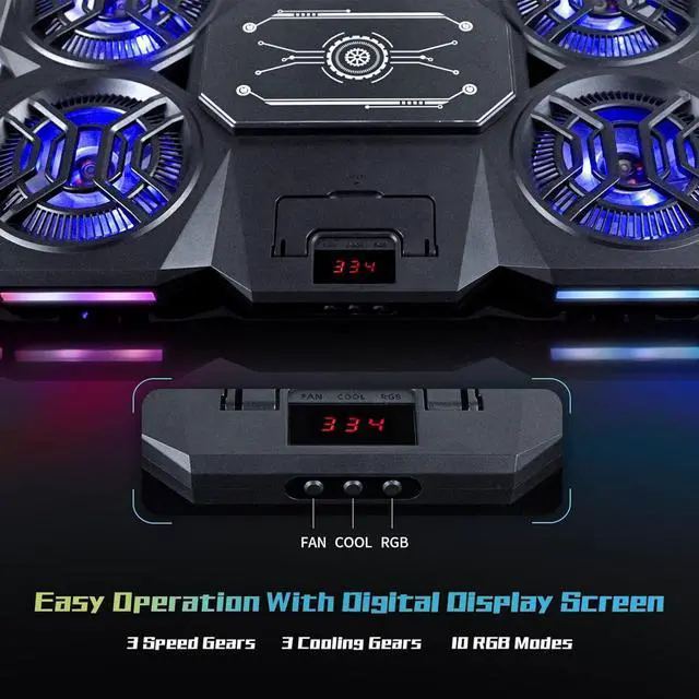 Alt view image 6 of 7 - Slim Laptop Cooling Pad with 4 Quiet External Fans, 6 Height Stands, 10 Light Modes, Fan Stand, Gaming Laptop Cooler for 14-18-inch Laptops