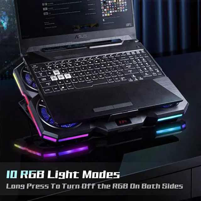 Alt view image 5 of 7 - Slim Laptop Cooling Pad with 4 Quiet External Fans, 6 Height Stands, 10 Light Modes, Fan Stand, Gaming Laptop Cooler for 14-18-inch Laptops