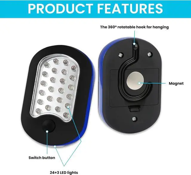 Alt view image 2 of 7 - AlltroLite 3-Pack LED Work Light | Portable Magnetic Work Light with Rotatable Hook, Magnetic Back & Push Button | Battery Operated Pocket Work Lights for Car Repairing, Emergency, Hiking, Camping