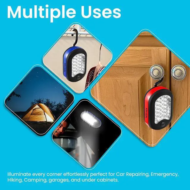 Alt view image 5 of 7 - AlltroLite 3-Pack LED Work Light | Portable Magnetic Work Light with Rotatable Hook, Magnetic Back & Push Button | Battery Operated Pocket Work Lights for Car Repairing, Emergency, Hiking, Camping