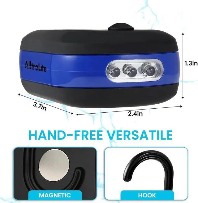 Alt view image 3 of 7 - AlltroLite 3-Pack LED Work Light | Portable Magnetic Work Light with Rotatable Hook, Magnetic Back & Push Button | Battery Operated Pocket Work Lights for Car Repairing, Emergency, Hiking, Camping