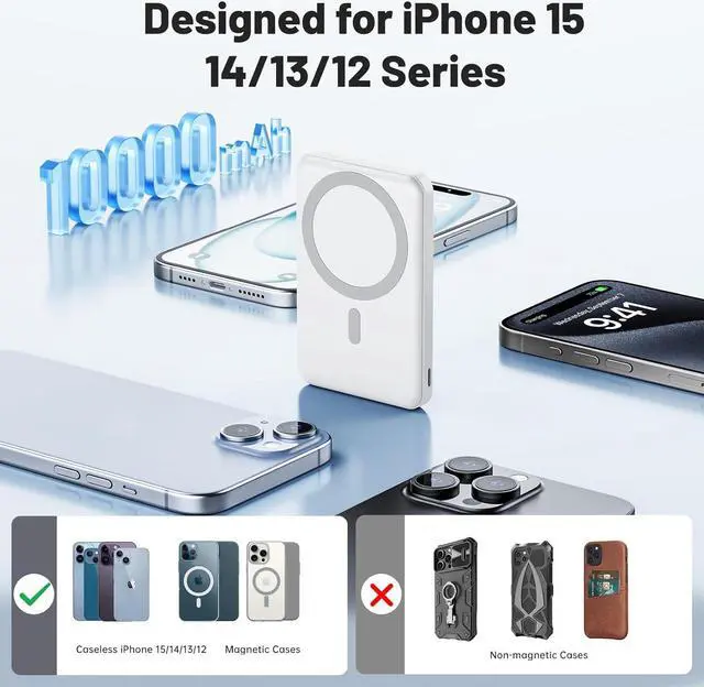 Alt view image 2 of 7 - AOGUERBE for Magsafe Battery Pack, 10000mAh Magnetic Power Bank 15W Wireless Portable Charger, LED Display & Foldable Stand & Lighting Input, Slim Magnetic Charger for iPhone 15/14/13/12 Series-White