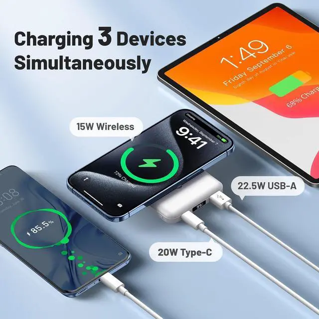 Alt view image 6 of 7 - AOGUERBE for Magsafe Battery Pack, 10000mAh Magnetic Power Bank 15W Wireless Portable Charger, LED Display & Foldable Stand & Lighting Input, Slim Magnetic Charger for iPhone 15/14/13/12 Series-White