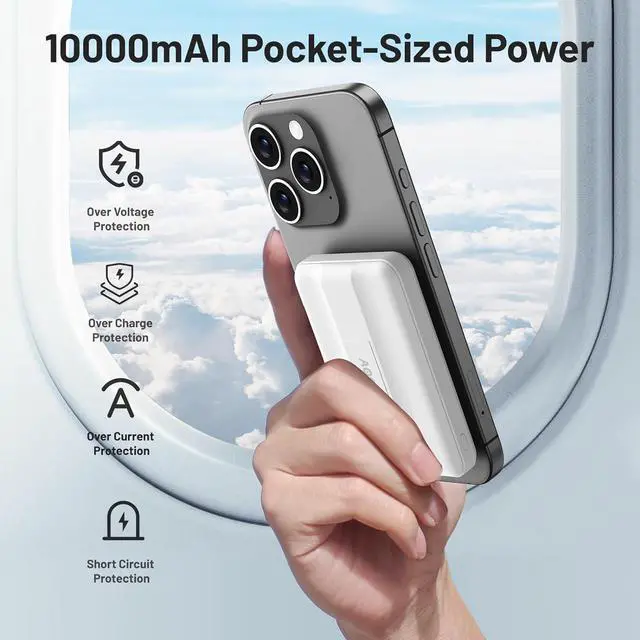 Alt view image 3 of 7 - AOGUERBE for Magsafe Battery Pack, 10000mAh Magnetic Power Bank 15W Wireless Portable Charger, LED Display & Foldable Stand & Lighting Input, Slim Magnetic Charger for iPhone 15/14/13/12 Series-White