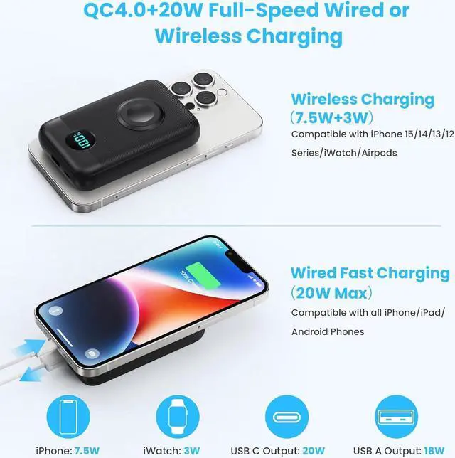 Alt view image 4 of 7 - Magnetic Portable Charger 10800mAh,4-in-1 Wireless Power Bank with iWatch Charger, QC4.0+20W PD Fast Charging USB C Battery Pack with LCD Display for Magsafe,iPhone 15/14/13/12 Series,Apple Watch etc.