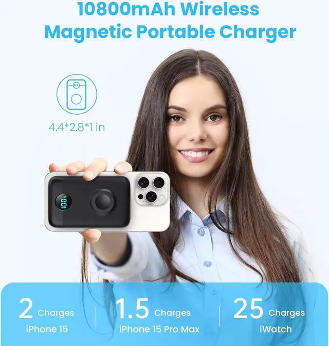 Alt view image 2 of 7 - Magnetic Portable Charger 10800mAh,4-in-1 Wireless Power Bank with iWatch Charger, QC4.0+20W PD Fast Charging USB C Battery Pack with LCD Display for Magsafe,iPhone 15/14/13/12 Series,Apple Watch etc.