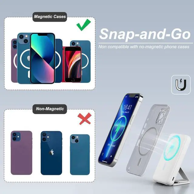 Alt view image 2 of 7 - AOGUERBE Magnetic Power Bank, 10000mAh Foldable Wireless Portable Charger with USB-C Cable LED Display, Mag-Safe Battery Pack 22.5W PD Fast Charging for iPhone 15/14/13/12 Pro/Pro Max/Plus/Mini