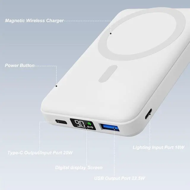 Alt view image 3 of 7 - AOGUERBE Magnetic Power Bank, 10000mAh Foldable Wireless Portable Charger with USB-C Cable LED Display, Mag-Safe Battery Pack 22.5W PD Fast Charging for iPhone 15/14/13/12 Pro/Pro Max/Plus/Mini