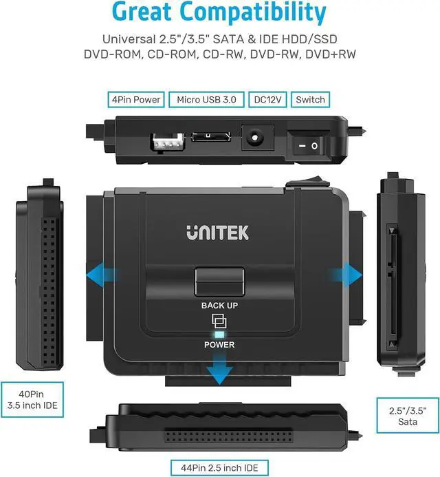 Alt view image 4 of 6 - Unitek USB 3.0 to IDE and SATA Converter External Hard Drive Adapter Kit for Universal 2.5/3.5 HDD/SSD Hard Drive Disk, One Touch Backup Function, Included 12V/2A Power Adapter