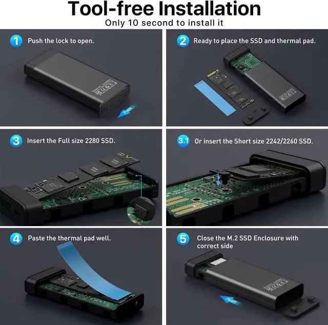 Alt view image 4 of 7 - M.2 NVME SSD Enclosure with Cooling Fan, 10 Gbps USB C 3.2 Gen 2 PCIE NVME Adapter, 6Gbps SATA, M.2 Reader with Aluminum Case Support UASP Trim for PCIe M-Key(B+M Key) SSD 2242/2260/2280