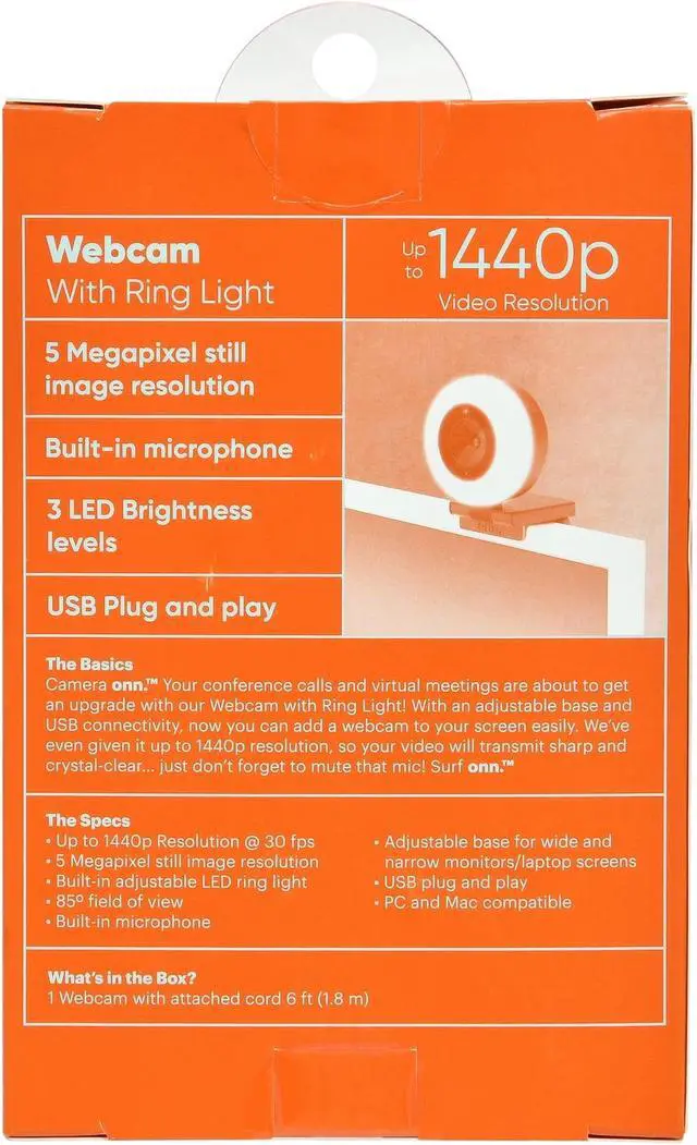 Alt view image 6 of 6 - onn. Webcam with Ring Light w/3 LED Levels, Autofocus, Built-in Microphone, White & Black
