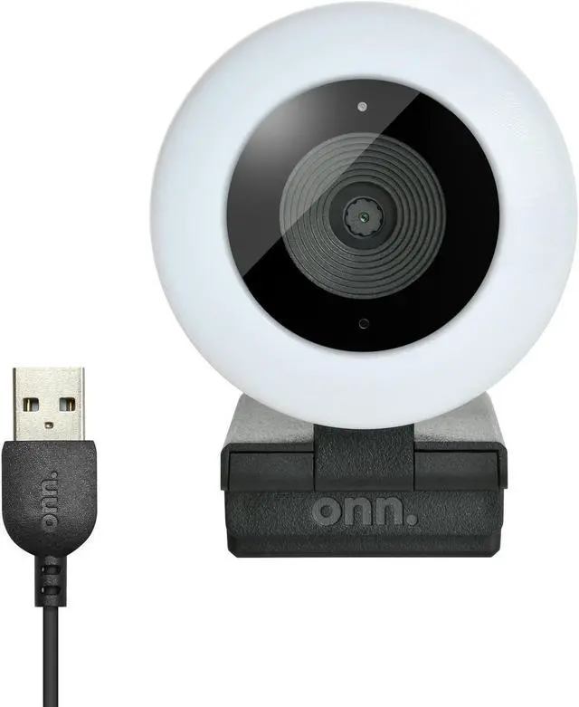 Main image of onn. Webcam with Ring Light w/3 LED Levels, Autofocus, Built-in Microphone, White & Black