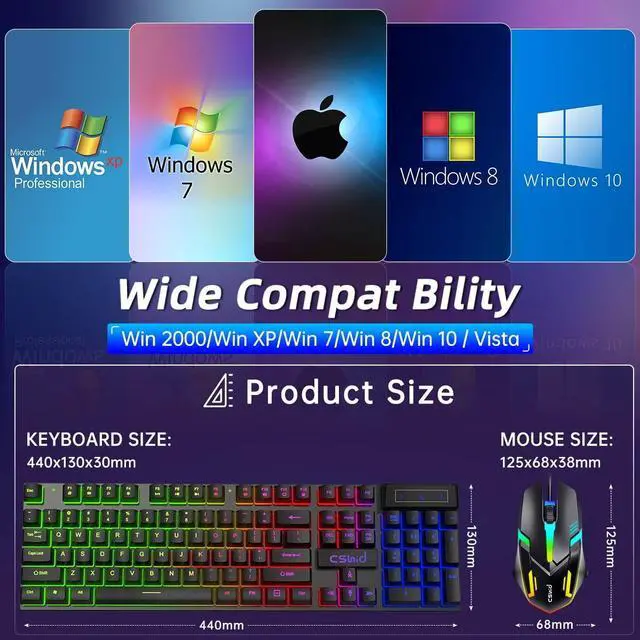 Alt view image 7 of 7 - Gaming Keyboard & Mouse, 104 Keys Rainbow LED RGB Backlit Quiet Computer Keyboard, Multimedia Keys, 26 Anti-ghosting Keys, Waterproof Light up USB Wired Keyboard for PC Gamers Desktop Computer Laptop