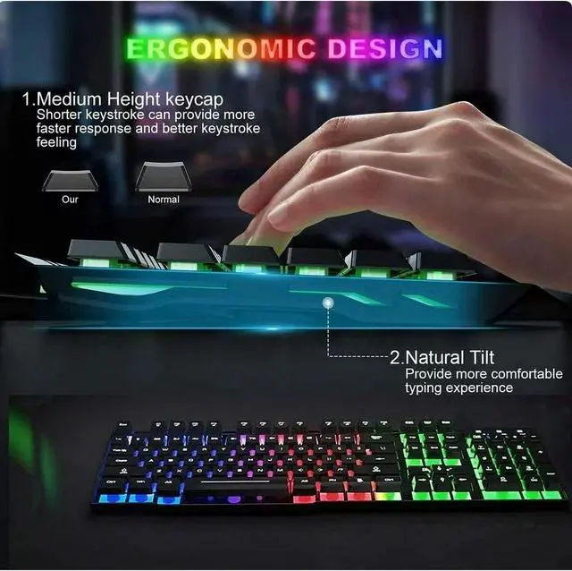 Alt view image 6 of 7 - Wireless Gaming Keyboard and Mouse Combo with Mouse Pad, Rainbow LED Backlit Rechargeable Battery Mechanical Ergonomic Feel Dustproof 7 Color Backlit Mute Mice for Computer for Mac for PC Gamer