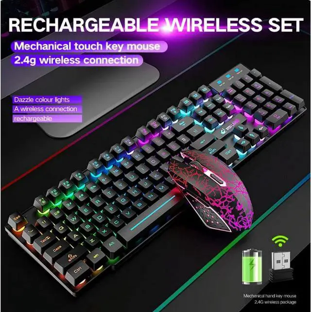 Alt view image 5 of 7 - Wireless Gaming Keyboard and Mouse Combo with Mouse Pad, Rainbow LED Backlit Rechargeable Battery Mechanical Ergonomic Feel Dustproof 7 Color Backlit Mute Mice for Computer for Mac for PC Gamer