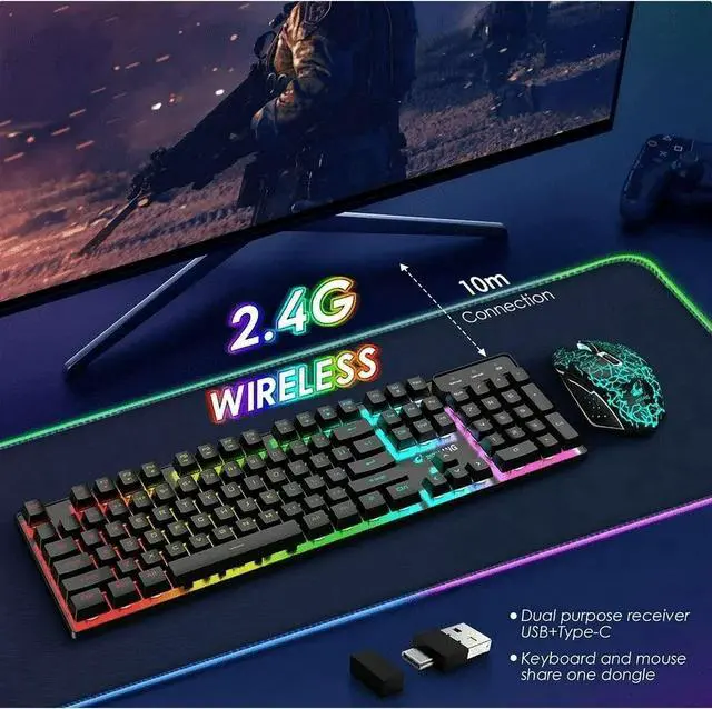Alt view image 3 of 7 - Wireless Gaming Keyboard and Mouse Combo with Mouse Pad, Rainbow LED Backlit Rechargeable Battery Mechanical Ergonomic Feel Dustproof 7 Color Backlit Mute Mice for Computer for Mac for PC Gamer