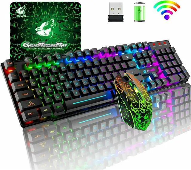Main image of Wireless Gaming Keyboard and Mouse Combo with Mouse Pad, Rainbow LED Backlit Rechargeable Battery Mechanical Ergonomic Feel Dustproof 7 Color Backlit Mute Mice for Computer for Mac for PC Gamer